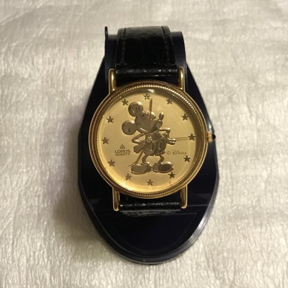 Vintage Disney Mickey Mouse gold face watch by Lorus w/ black watch band - Picture 1 of 12